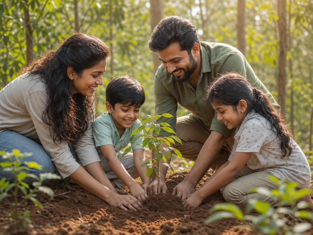 A family planting a young sandalwood sapling together with smiling children