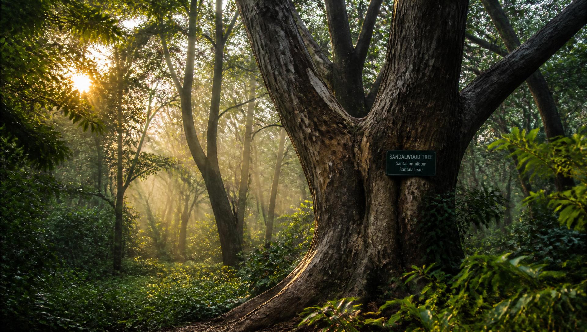 Ancient sandalwood forest at golden hour